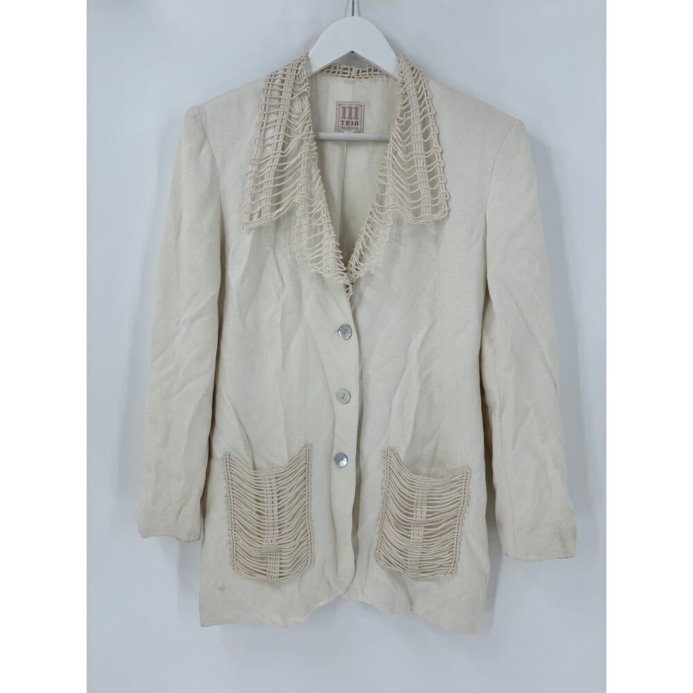 Vintage Trio Collezione Jacket Womens Small Ivory Beige Lattice Single Breasted